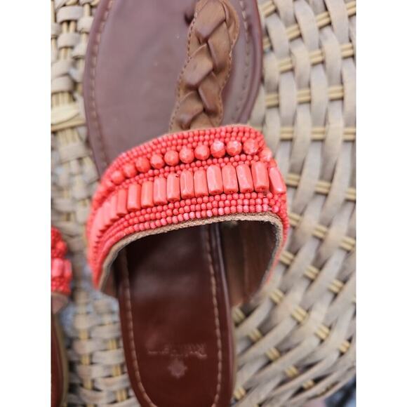 Ruff Hewn Sandals Womens 9.5 M Leather Slides Strappy Slip On Salmon Beads Braid - Picture 3 of 7